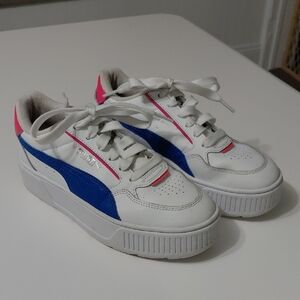 PUMA Kids White and Blue Sneakers with Pink Accents